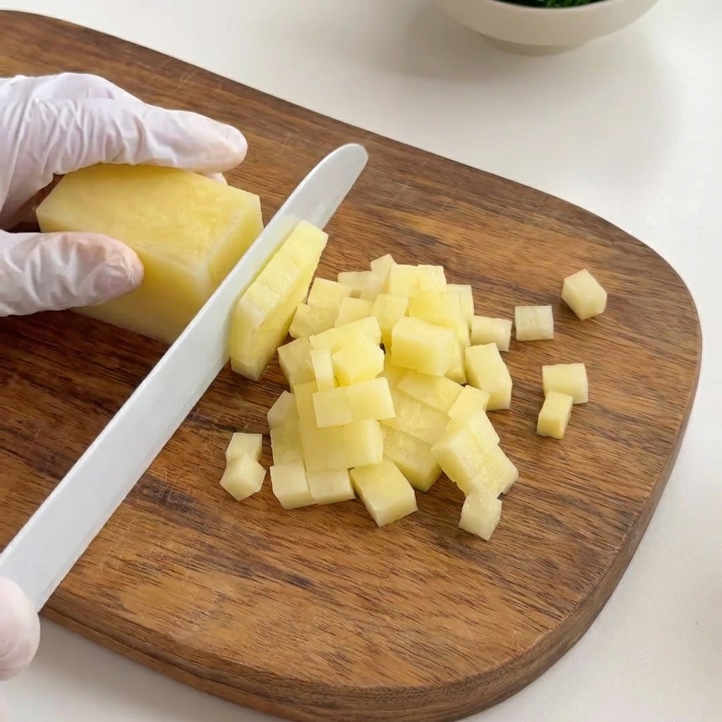 Cubetti di patate tagliati in modo uniforme su un tagliere di legno.