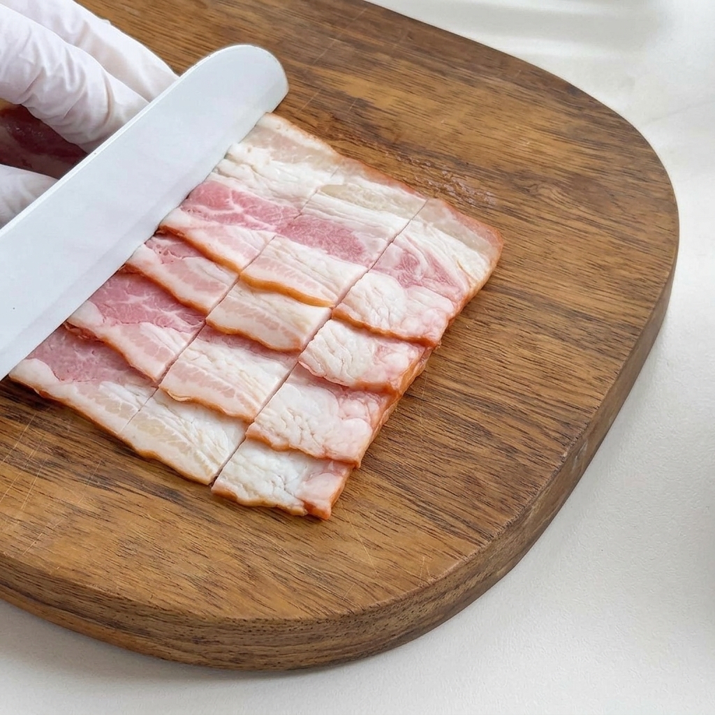 Strisce di bacon tagliate a pezzi uniformi su un tagliere.