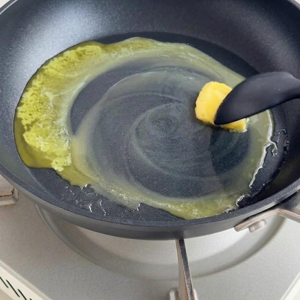 Burro sciolto in padella con farina mescolata per formare un roux.