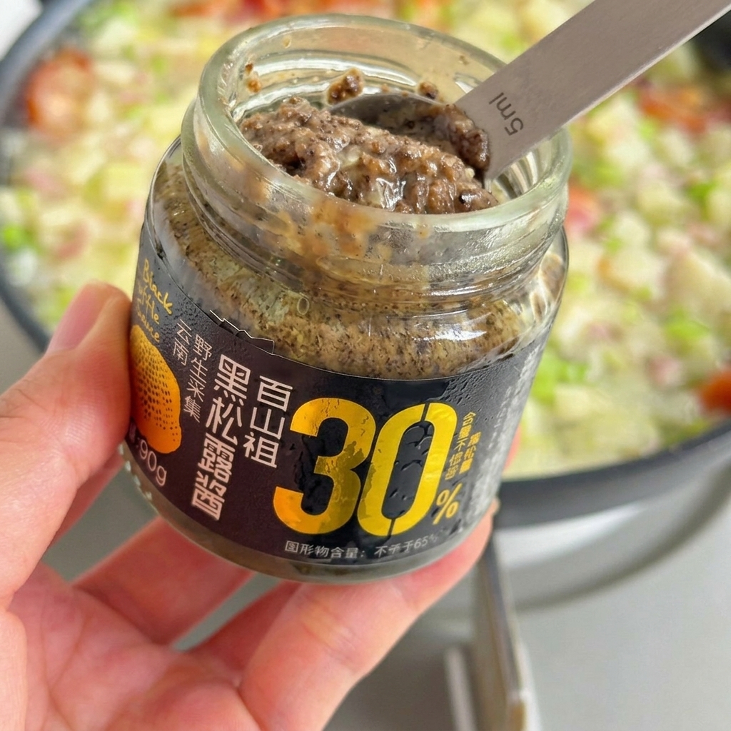 Salsa al tartufo nero aggiunta alle verdure in padella.