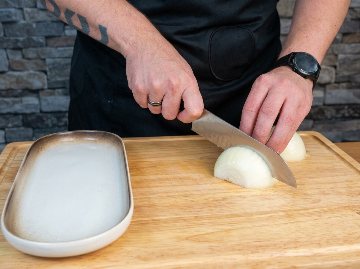 Cipolle, sedano, carote, aglio e patate tagliati a cubetti su un tagliere in legno.