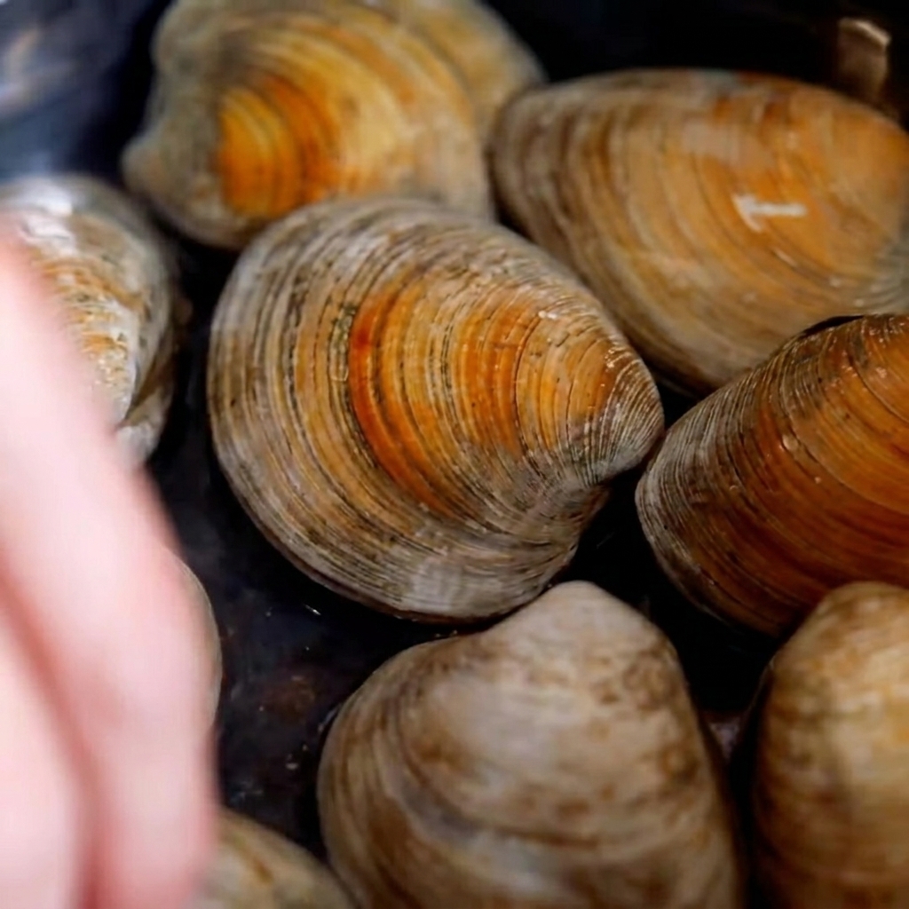 Vongole fresche che cuociono in una pentola di acqua calda e iniziano ad aprirsi.