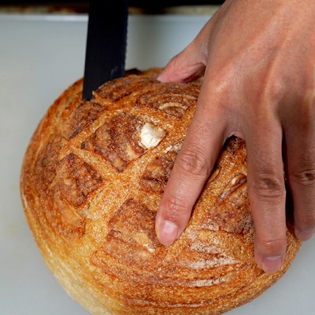 Una pagnotta di pane sourdough scavata pronta per essere riempita con la clam chowder calda.