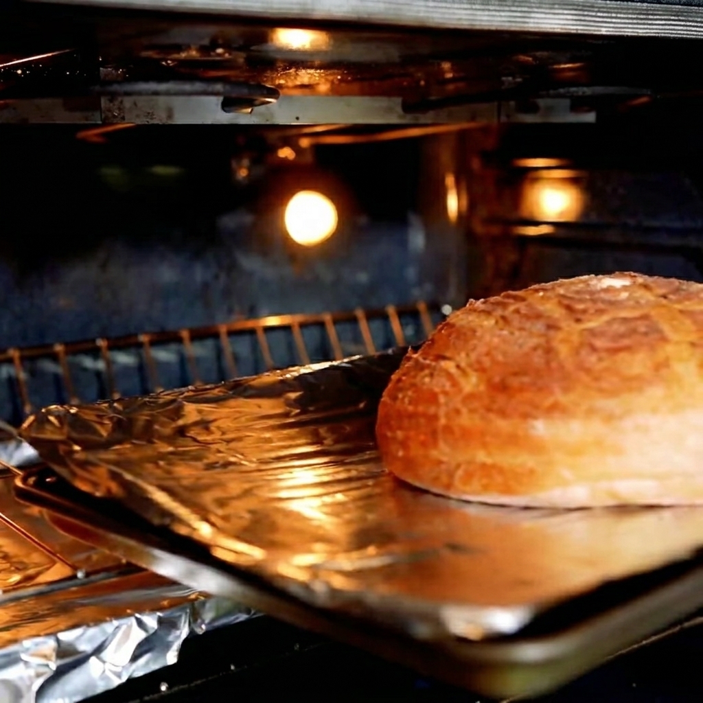 Pagnotta di pane sourdough allinterno del forno, tostata fino a una finitura croccante.