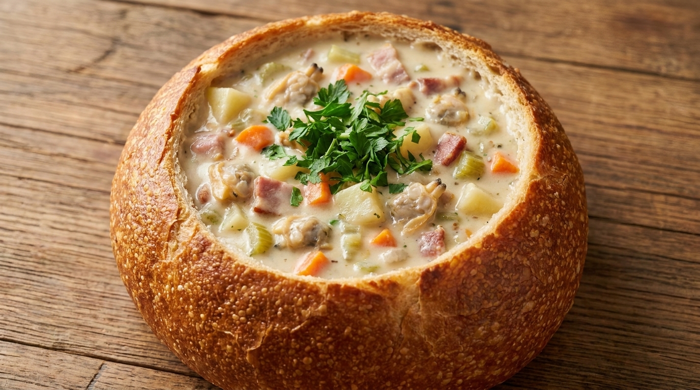 Classica Clam Chowder in una Pagnotta di Pane Sourdough