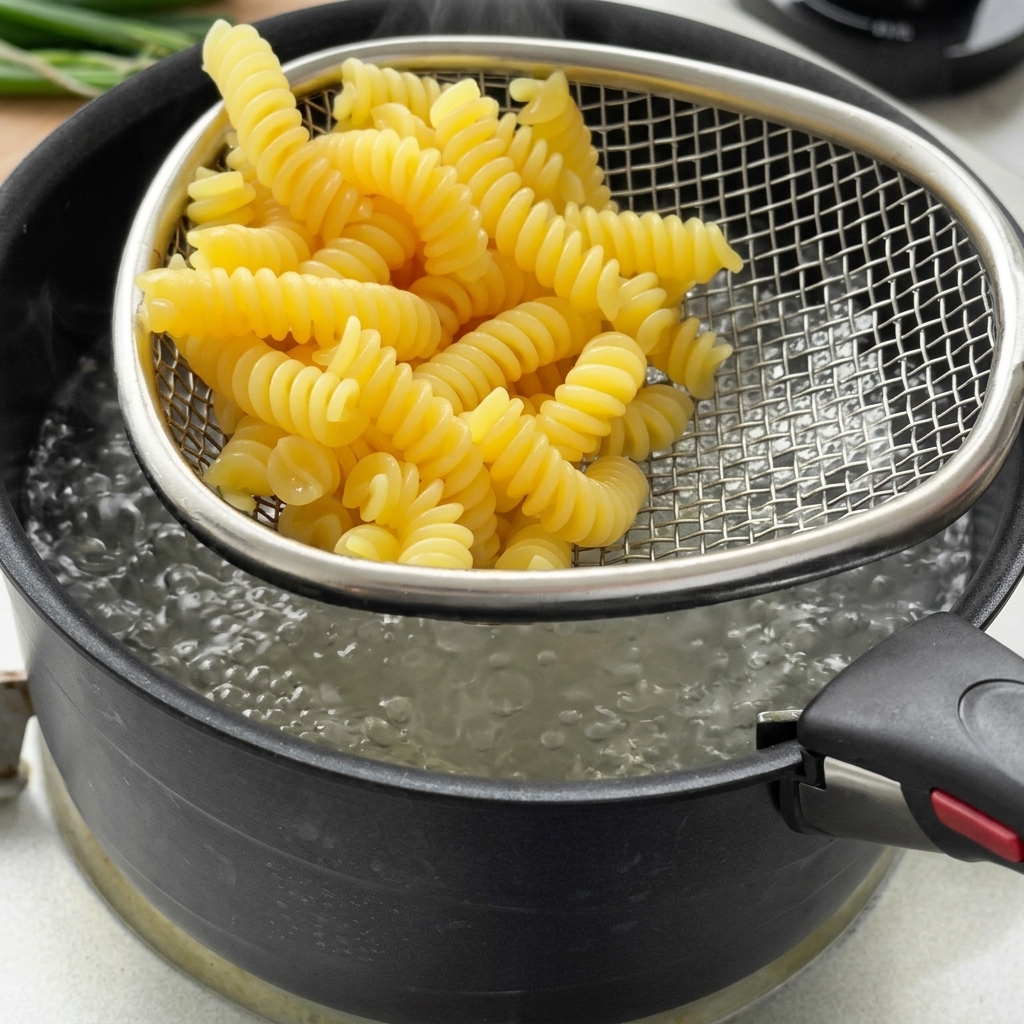 Pezzi di asparago aggiunti alla pentola dacqua bollente con la pasta.