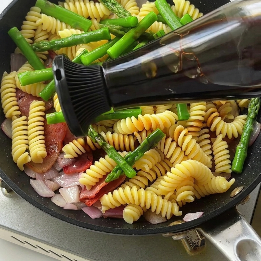 Primo piano di una padella con fusilli, asparagi e pancetta conditi con una salsa scura e ricca.