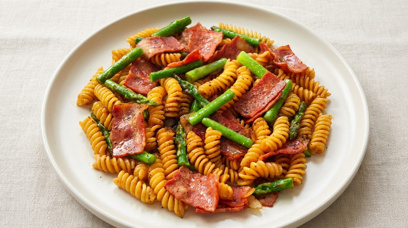 Fusilli con pancetta, asparagi e tartufo nero