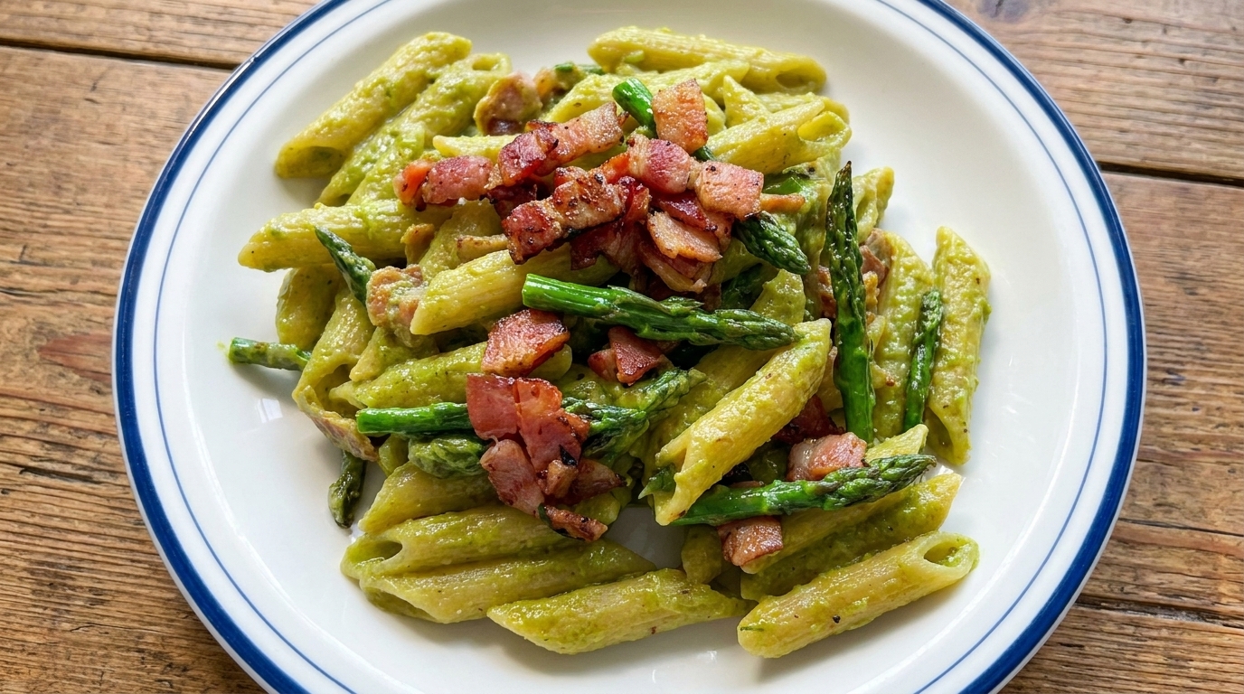 Pasta cremosa agli asparagi e pancetta