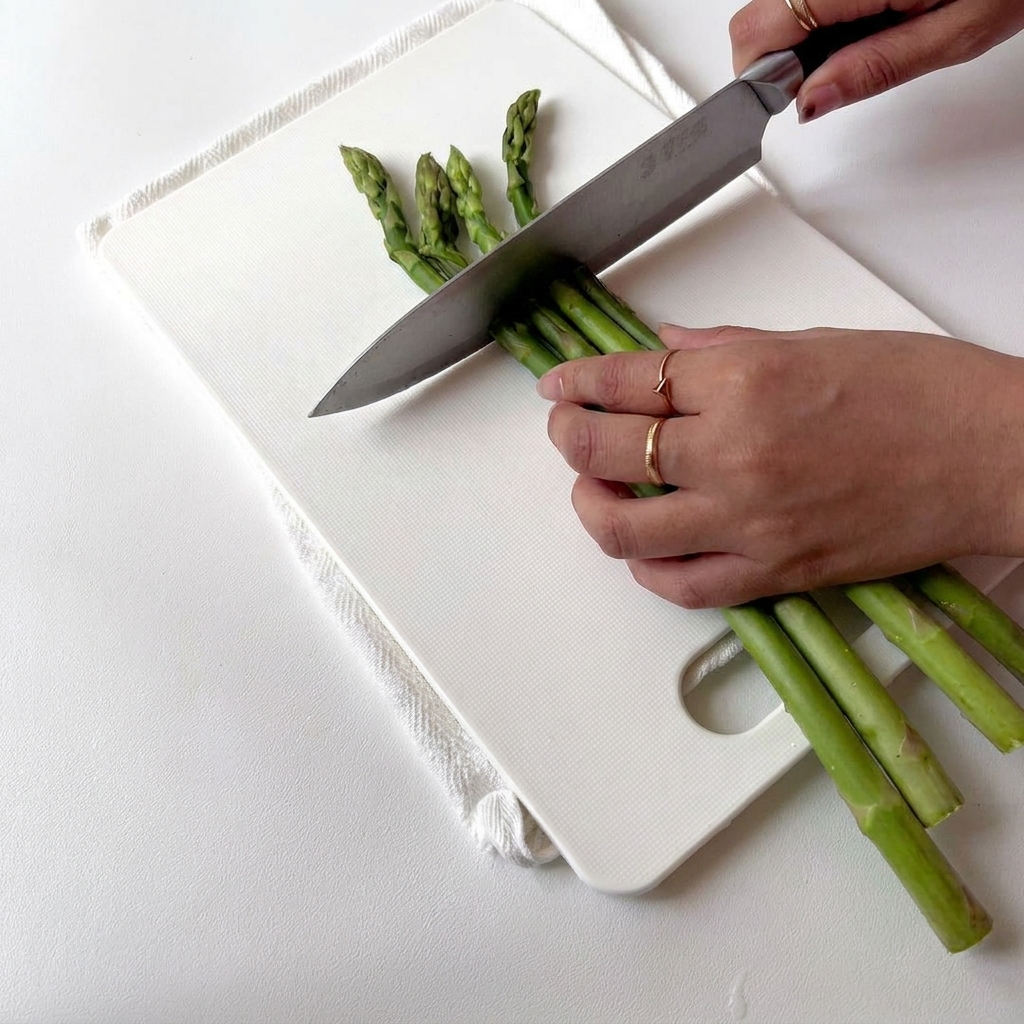 Asparagi freschi tagliati a pezzi delle dimensioni di un boccone su un tagliere bianco.