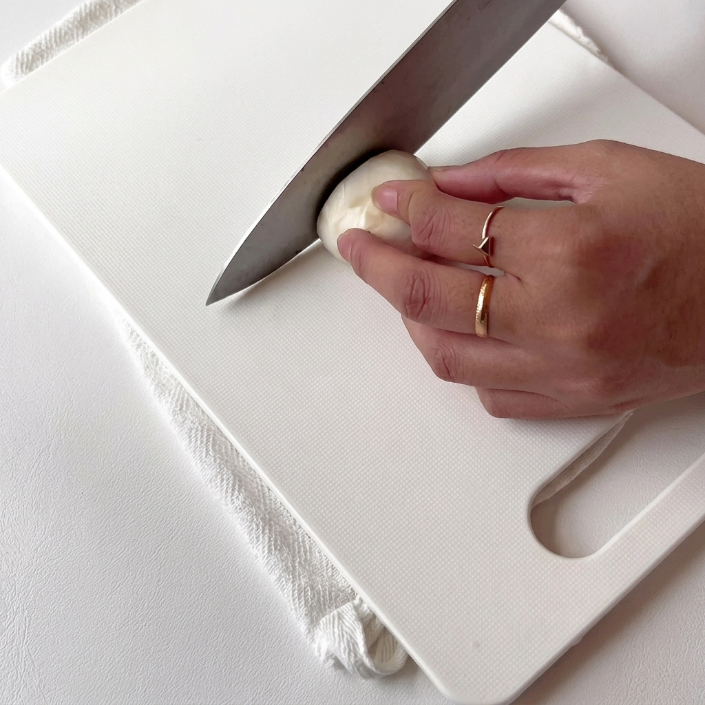 Spicchi daglio tagliati a metà su un tagliere con un coltello.