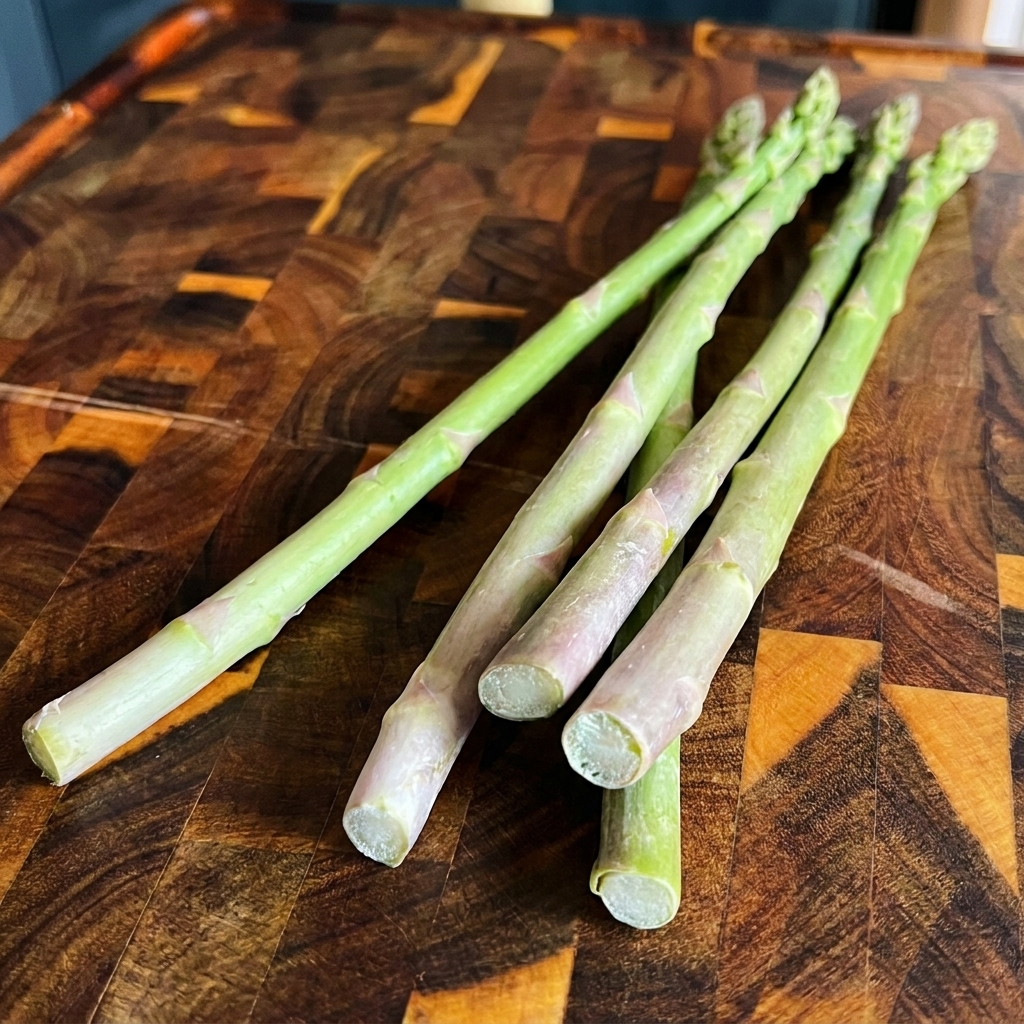 Asparagi verdi freschi allineati su un tagliere di legno.
