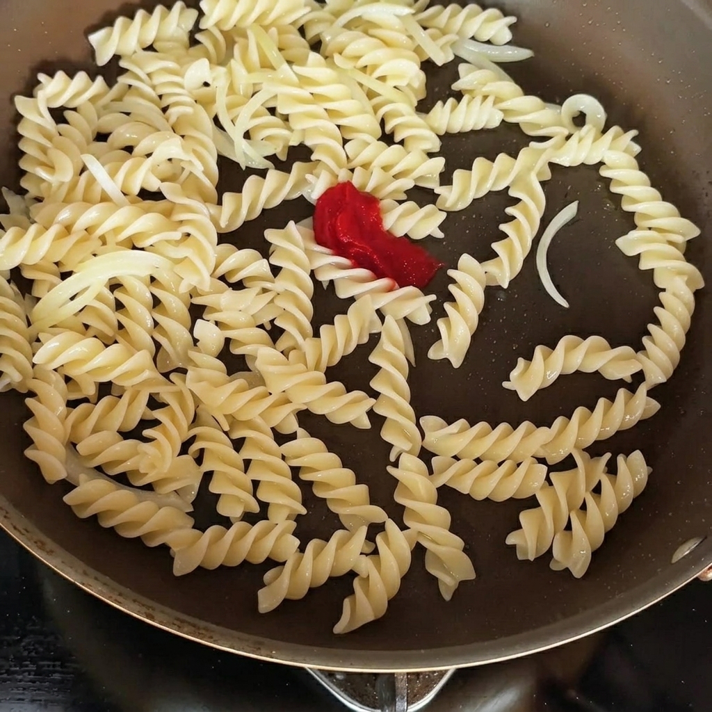 Pasta in padella condita con concentrato di pomodoro e salsa di soia, pronta per essere mescolata.