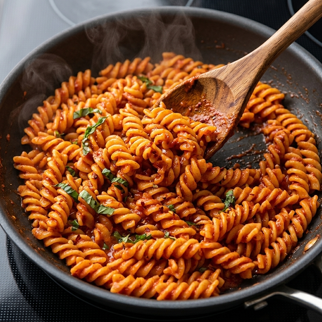 Una padella di pasta che viene flambata con una fiamma controllata.