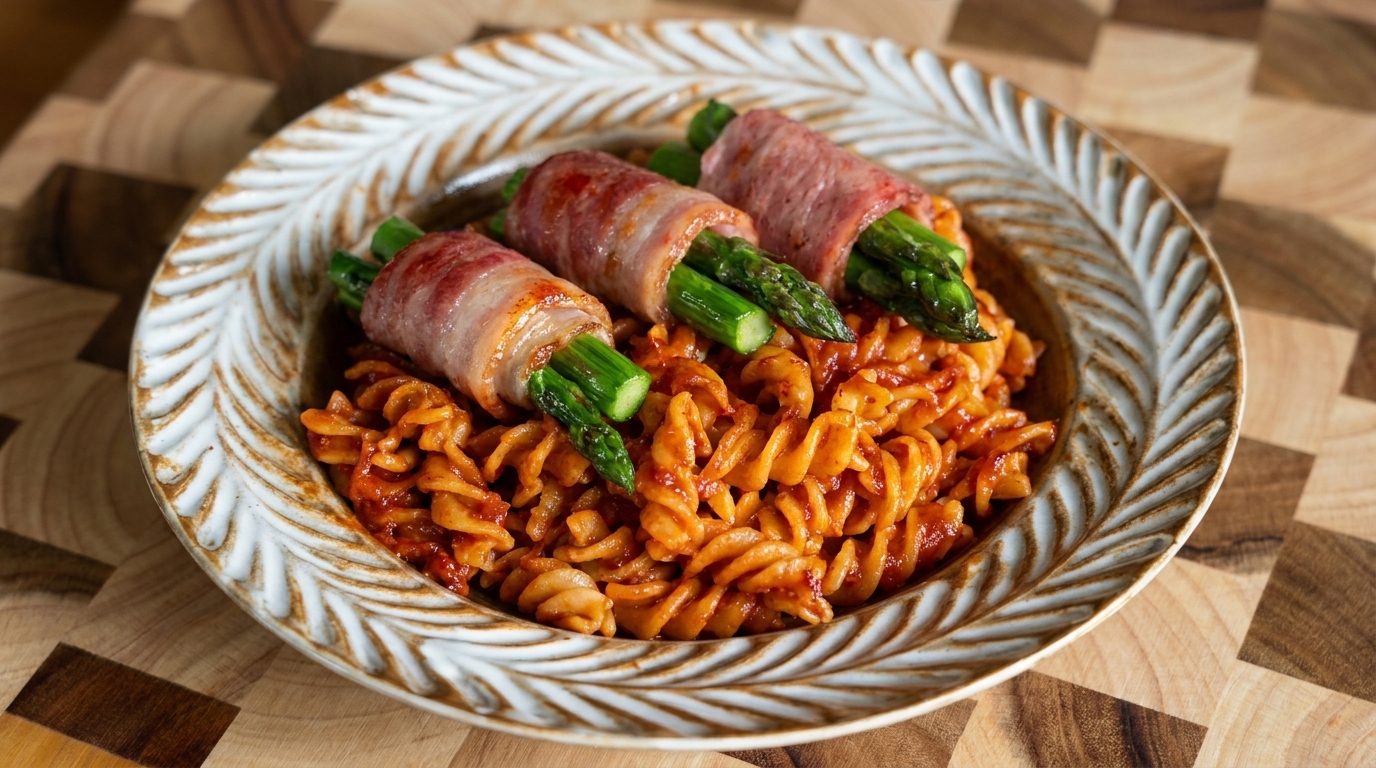 Spaghetti con Involtini di Asparagi e Pancetta