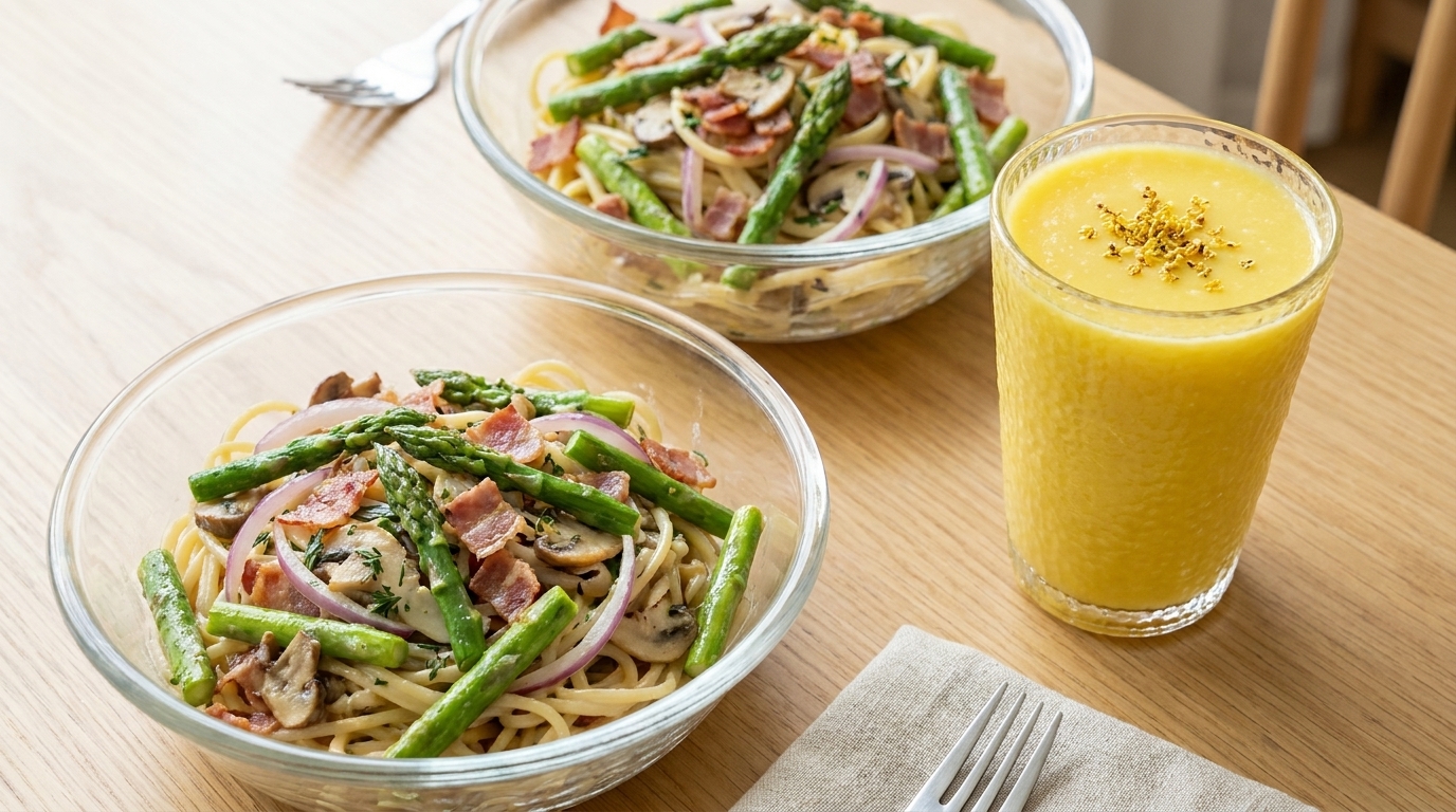 Un brunch leggero e saporito con pasta agli asparagi e pancetta, accompagnata da un bicchiere di succo di mais fresco.