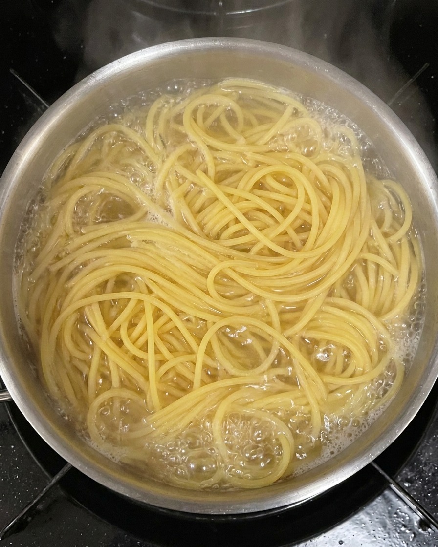 Un mazzetto di spaghetti secchi immerso in una grande pentola di acqua bollente.