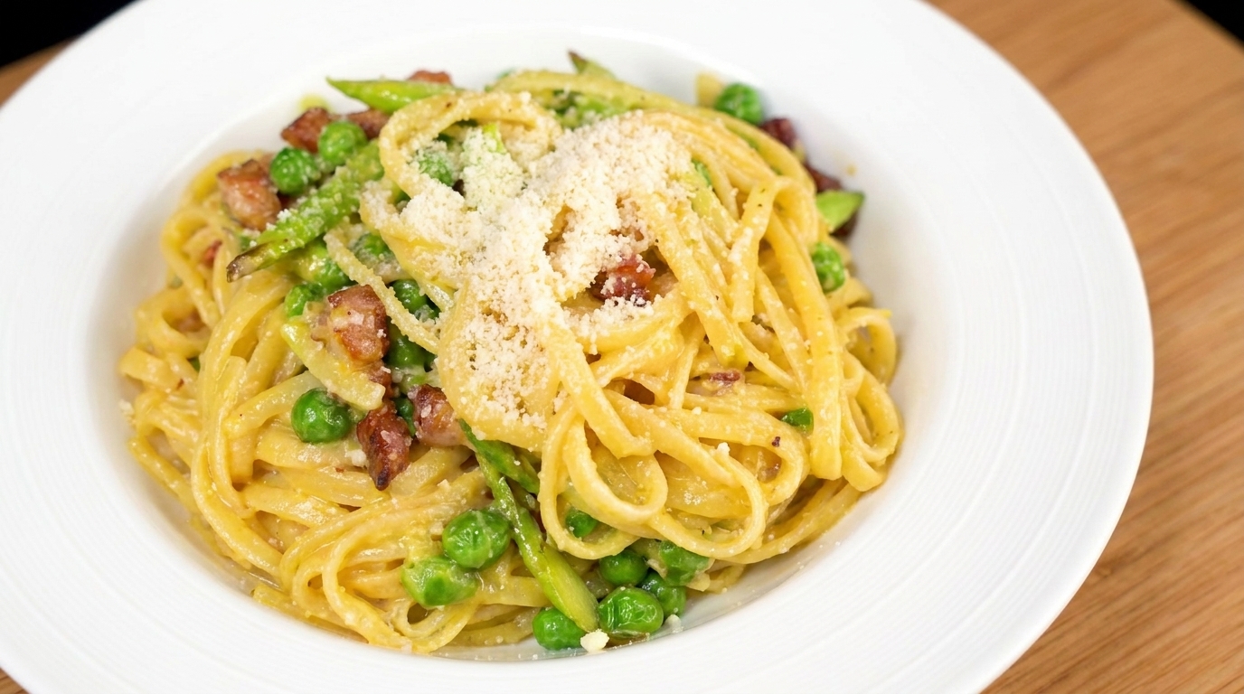 Pasta cremosa con asparagi, piselli e bacon croccante