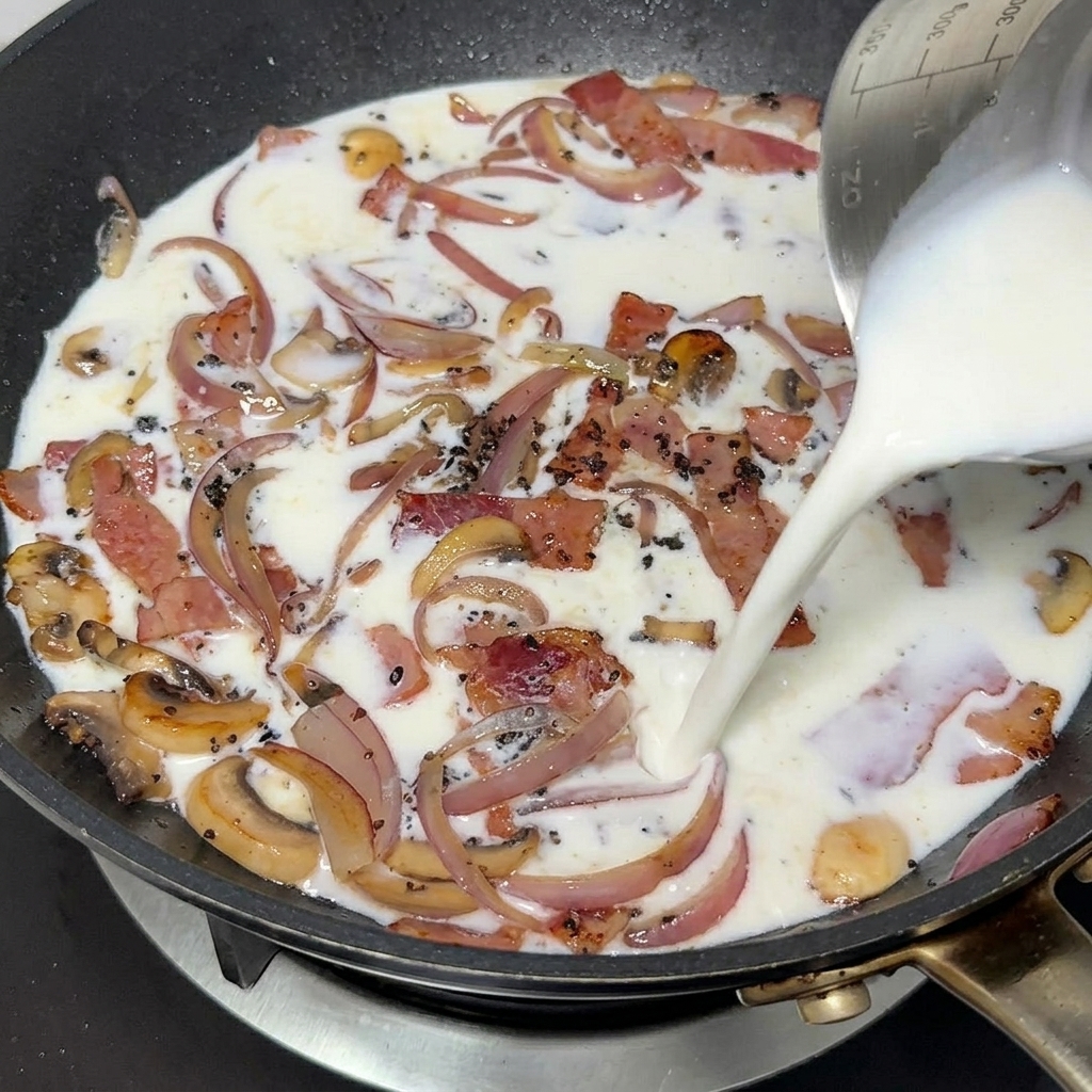 Latte versato da un misurino in una padella contenente pancetta, cipolle e funghi rosolati.