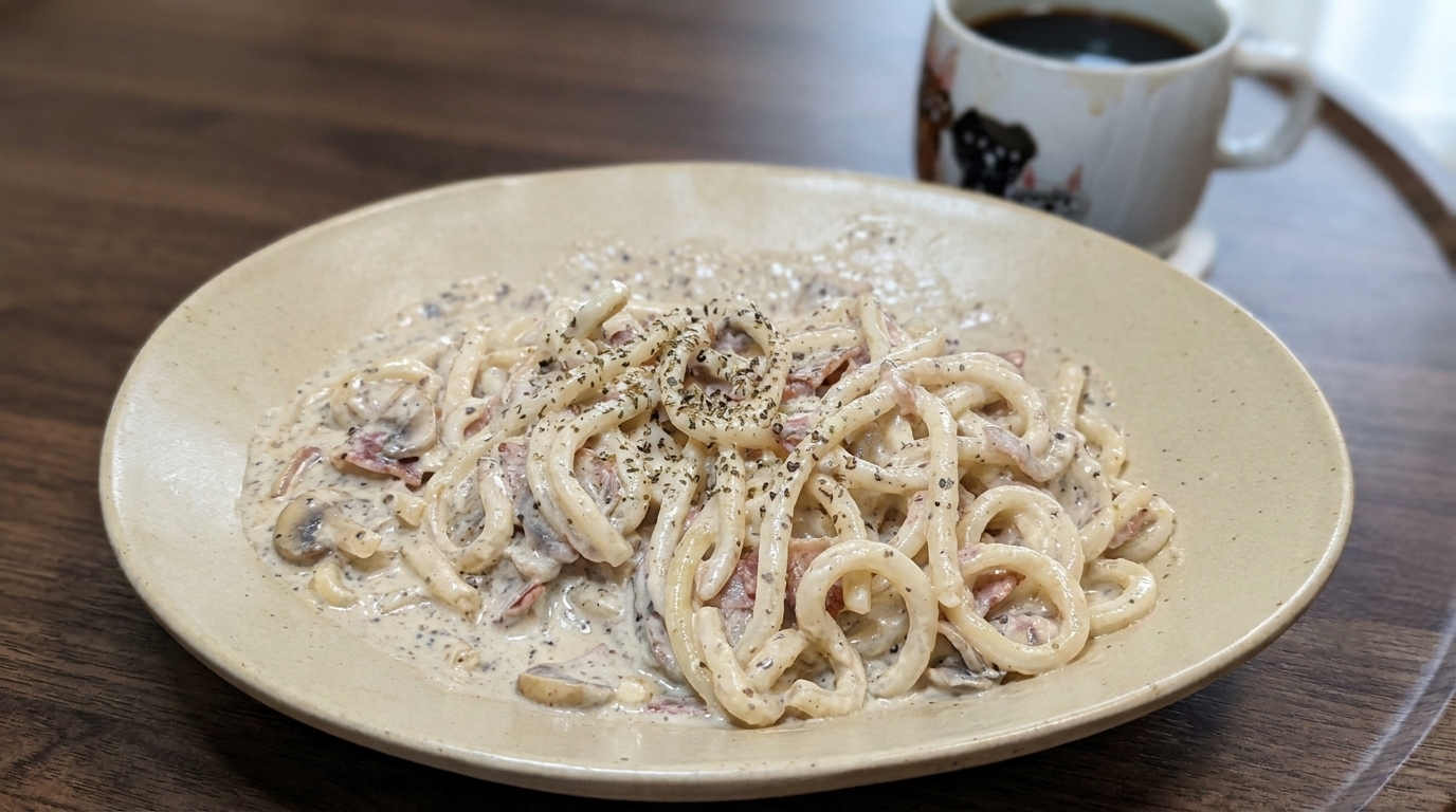 Udon Cremosi con Pancetta e Funghi