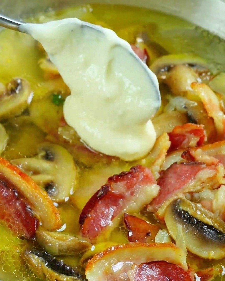 Un cucchiaio di salsa bianca cremosa incorporato in una padella con pancetta e funghi.