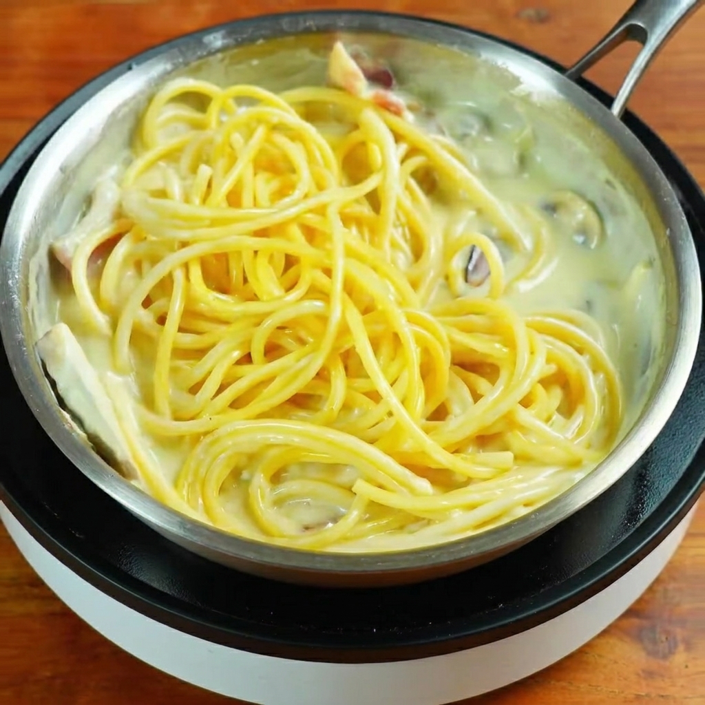 Spaghetti saltati in padella con salsa cremosa e pezzetti di pancetta.