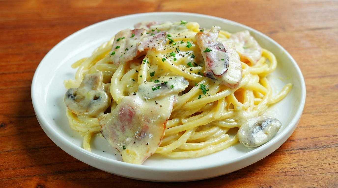 Spaghetti Cremosi con Pancetta e Funghi