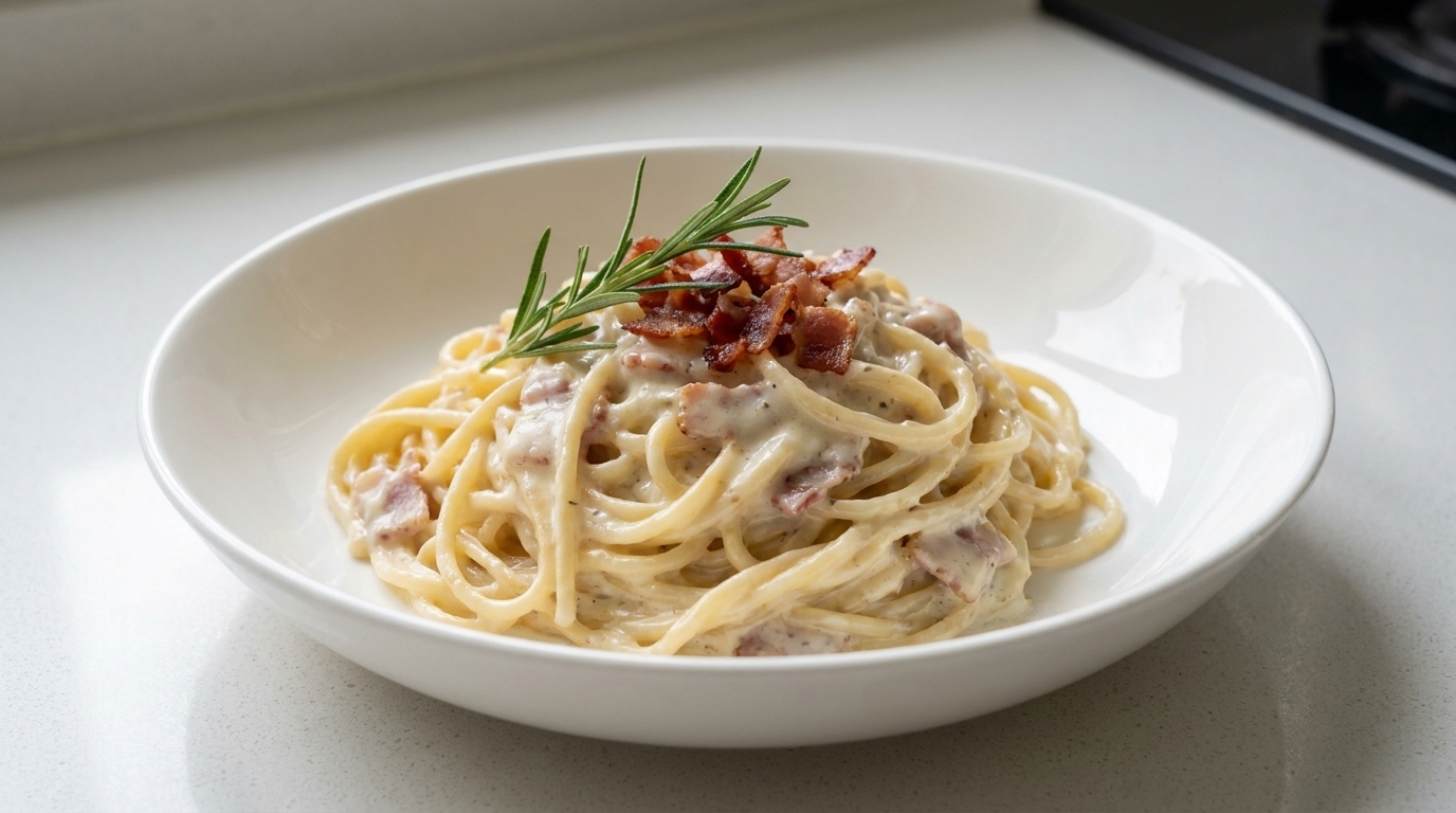 Pasta Cremosa con Pancetta e Funghi
