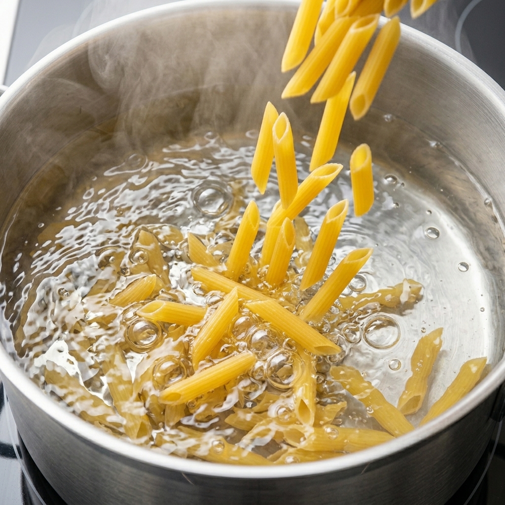 Penne secche versate in una pentola di acqua bollente fumante.