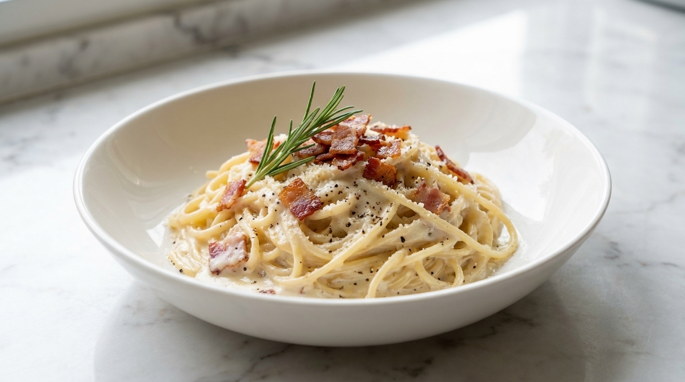 Panna da cucina versata nella padella con bacon e aglio.