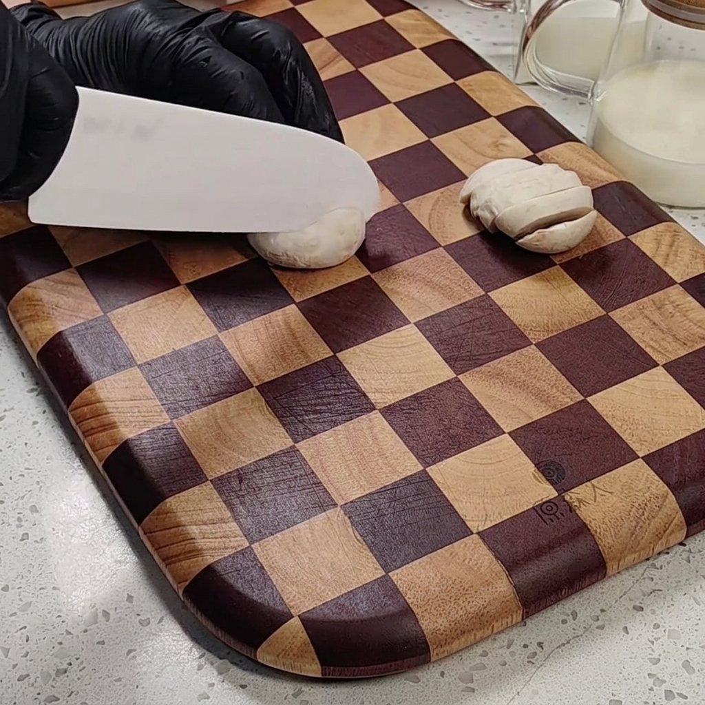 Primo piano di funghi affettati su un tagliere in legno a scacchi.