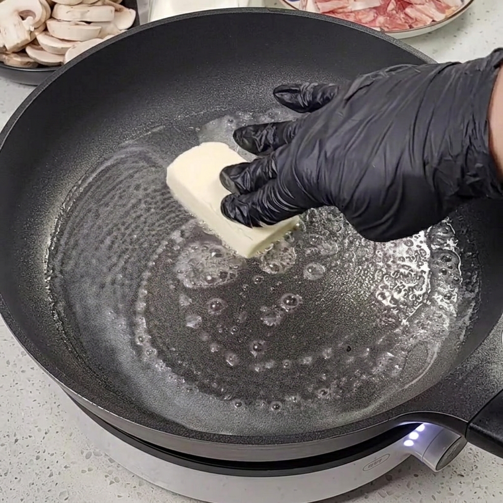 Burro che si scioglie in una padella calda.