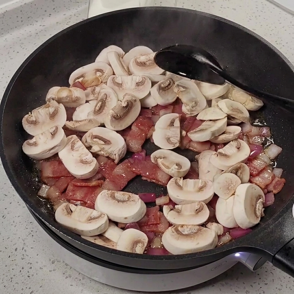 Funghi affettati aggiunti in padella con pancetta e cipolle.