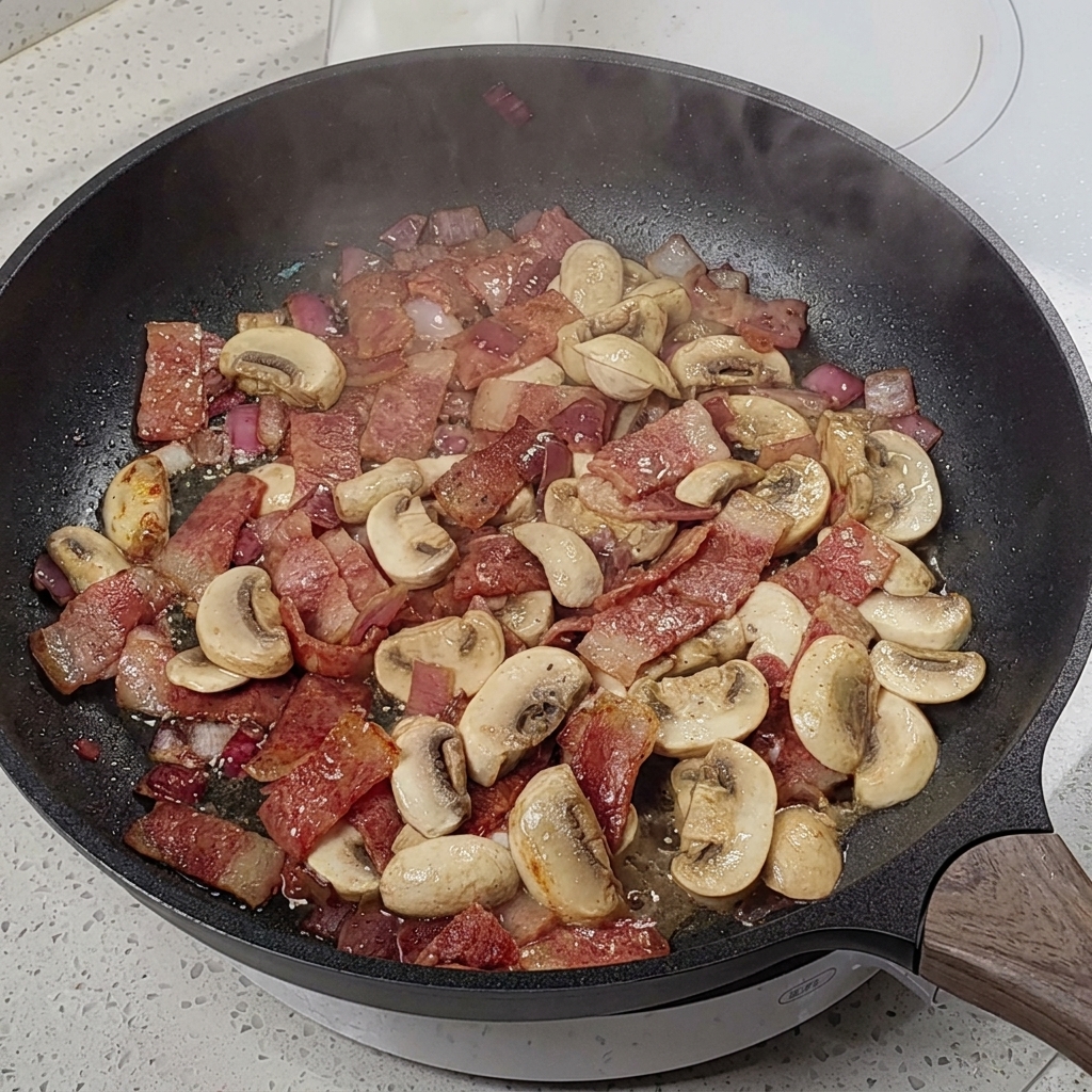 Condimento del composto di funghi e pancetta con un macinapepe e sale.