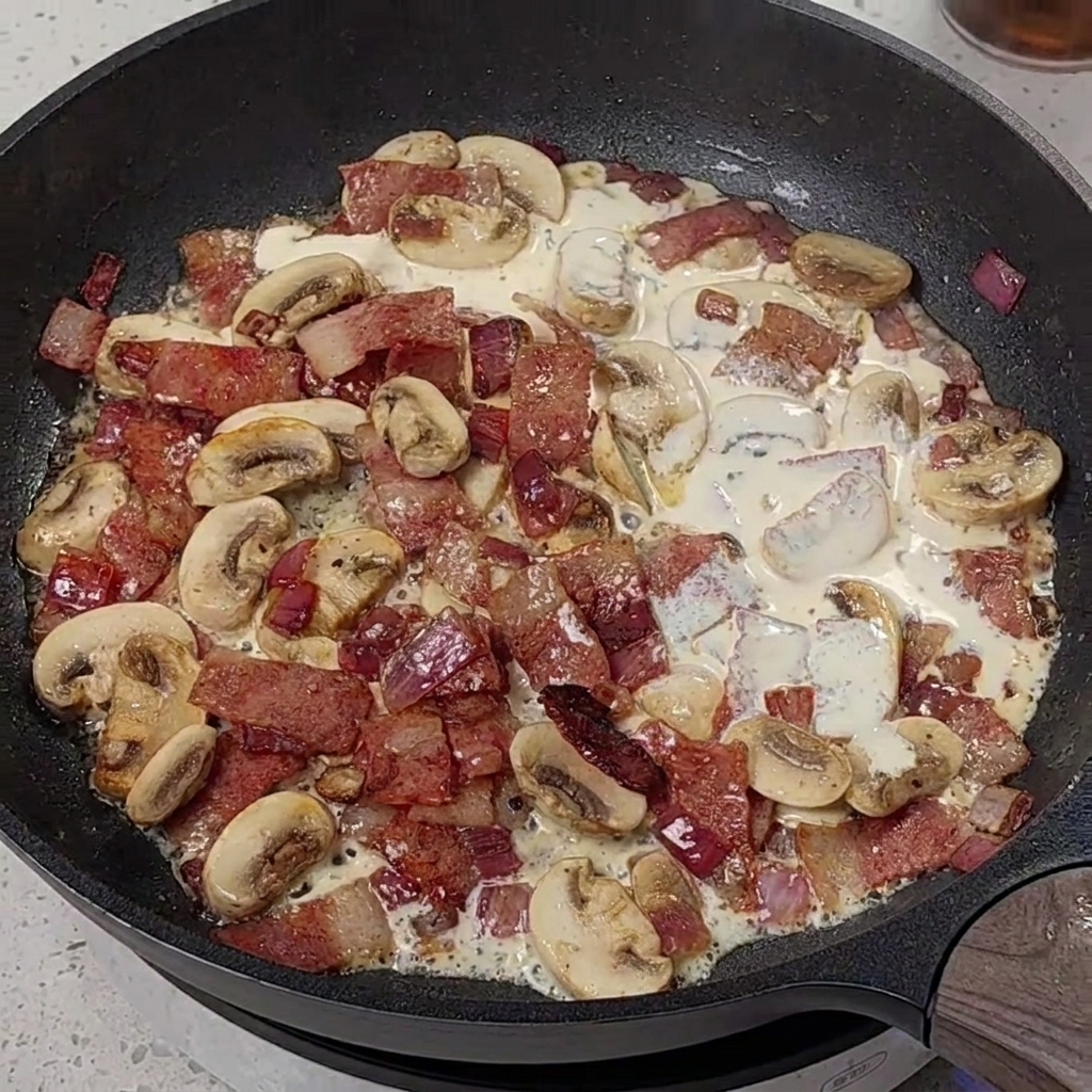 Panna e latte versati da un misurino in padella con funghi e pancetta.