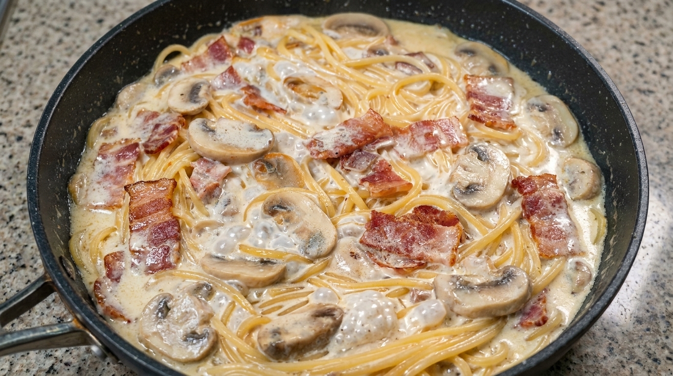 Spaghetti Cremosi con Pancetta e Funghi