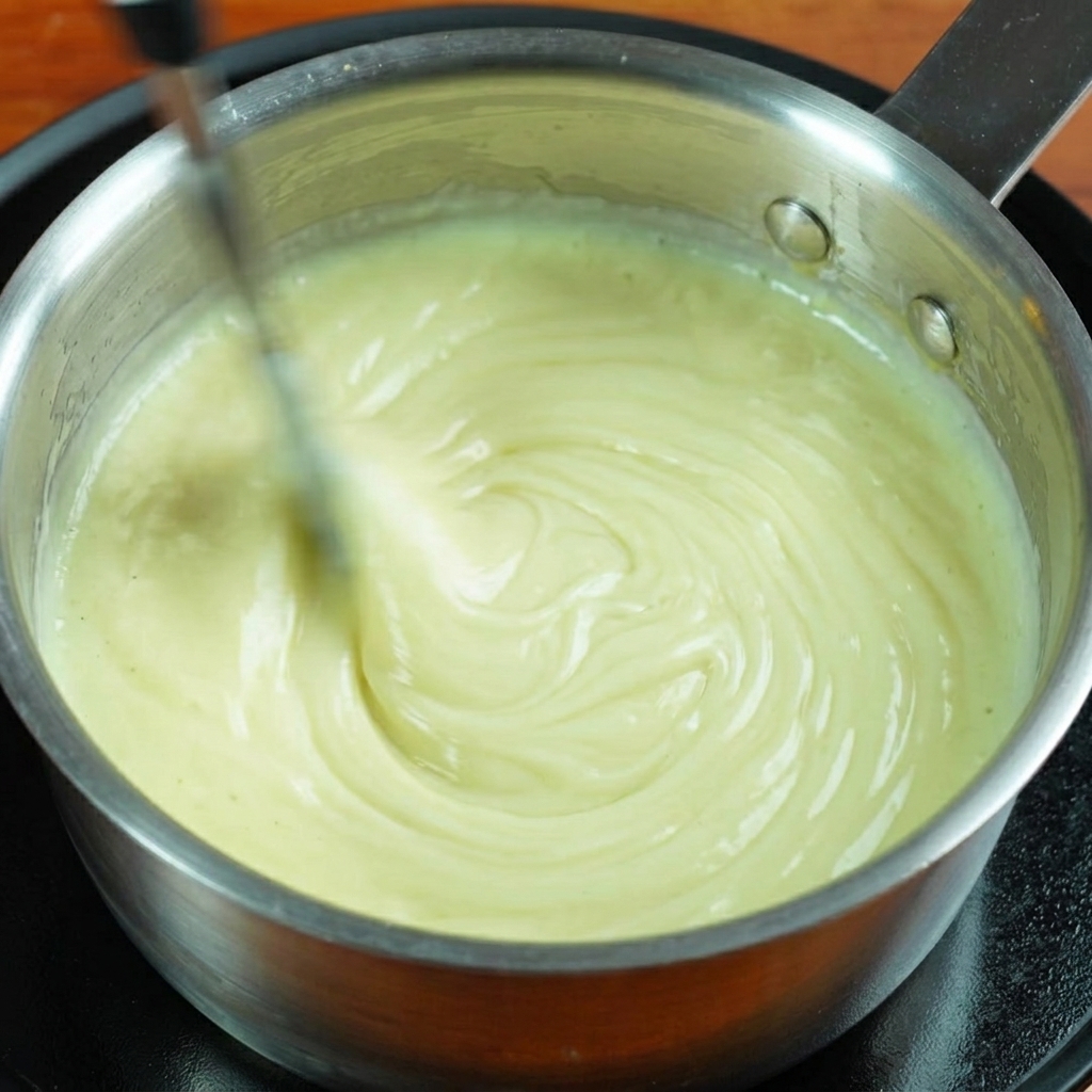 Panna liquida versata da un brick in una padella contenente bacon e pasta.