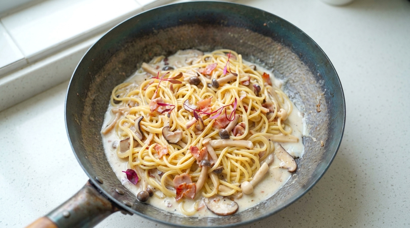 Capellini Cremosi con Bacon e Funghi
