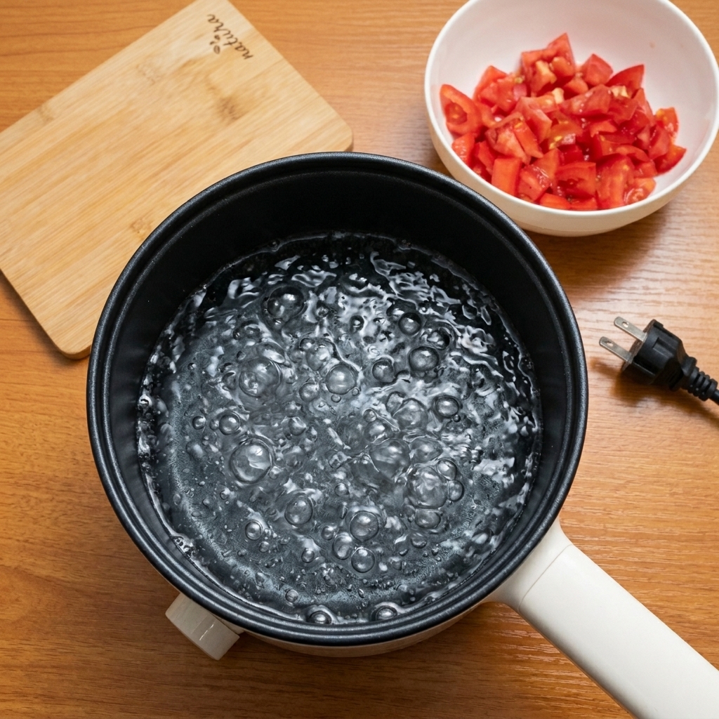 Sale versato in una pentola di acqua bollente per gli spaghetti.