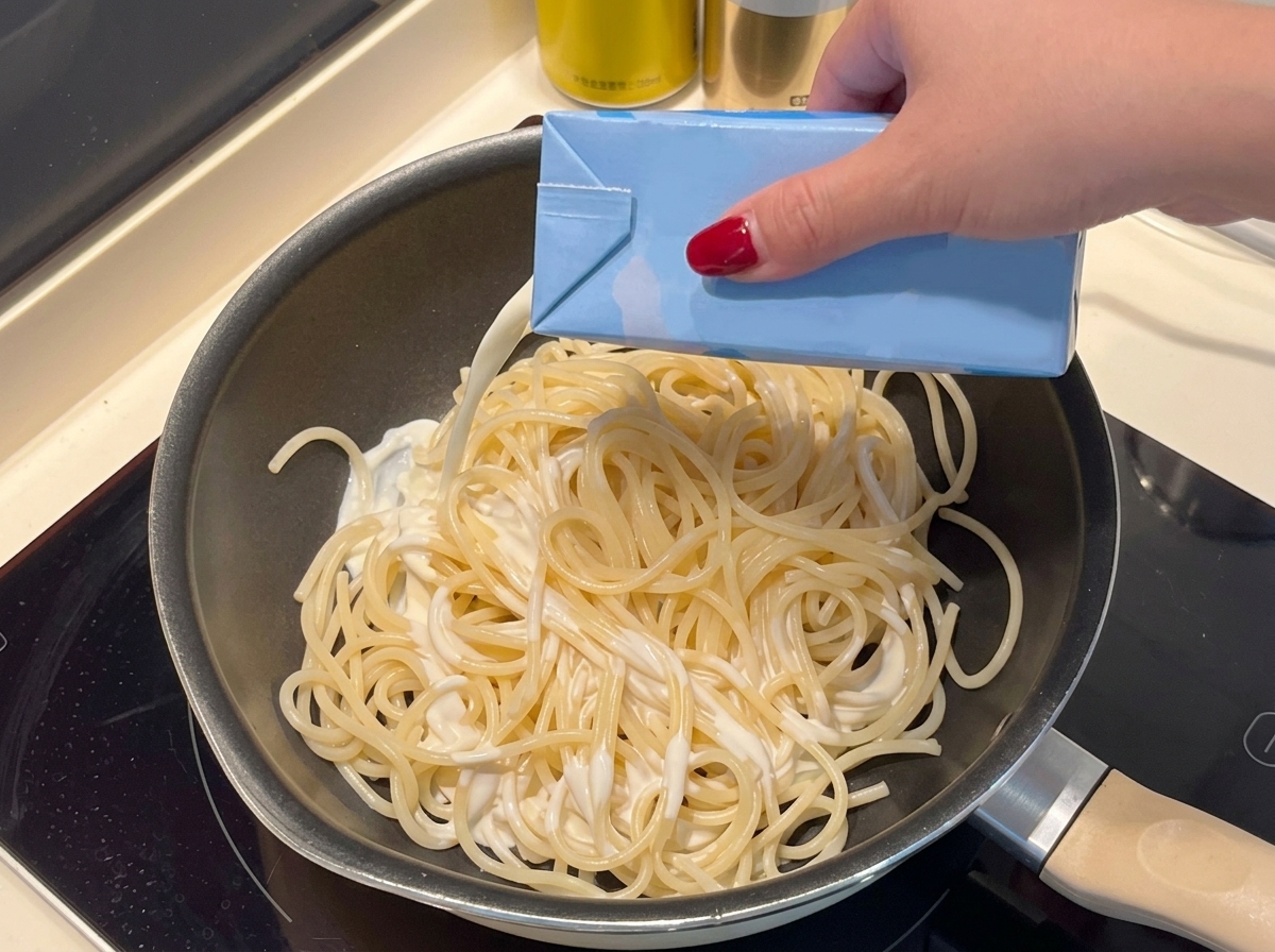 Panna o latte versati sugli spaghetti cotti in padella.