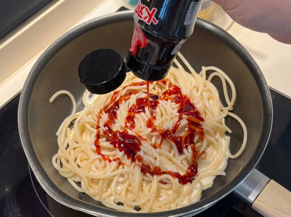 Salsa piccante rosso scuro versata sopra gli spaghetti in padella.
