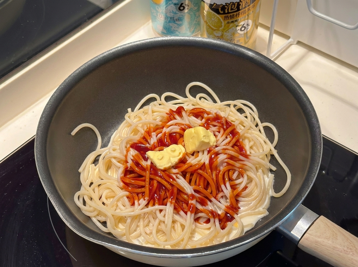 Ketchup e un pezzetto di burro aggiunti alla padella con la pasta.
