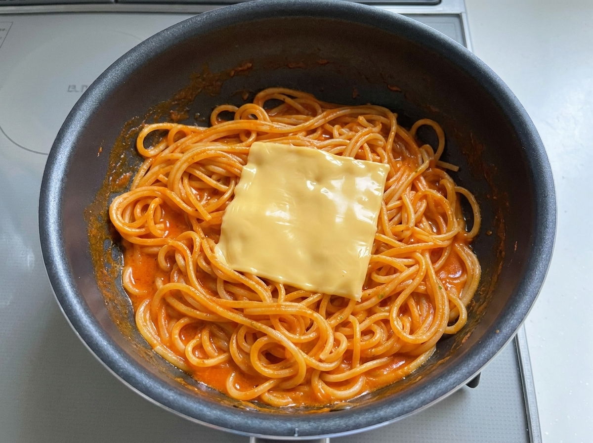 Una fetta di formaggio giallo posizionata al centro degli spaghetti in padella.
