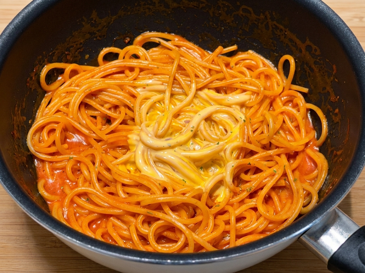 Prezzemolo essiccato spolverato sopra gli spaghetti piccanti.