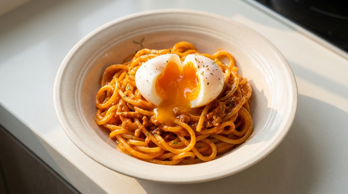 Una ciotola di spaghetti cremosi piccanti guarniti con un uovo barzotto dal tuorlo cremoso e prezzemolo fresco.