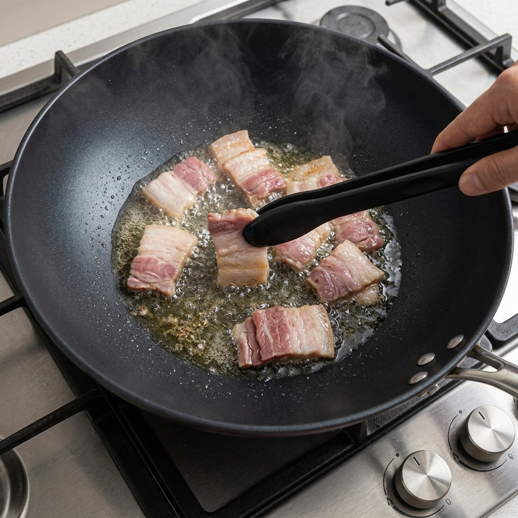Pezzi di bacon che friggono in un wok caldo, con il grasso rilasciato ben visibile.