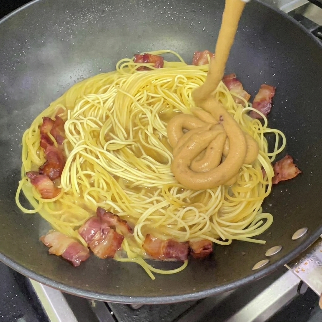 Salsa densa di formaggio e panna versata sugli spaghetti in un wok.