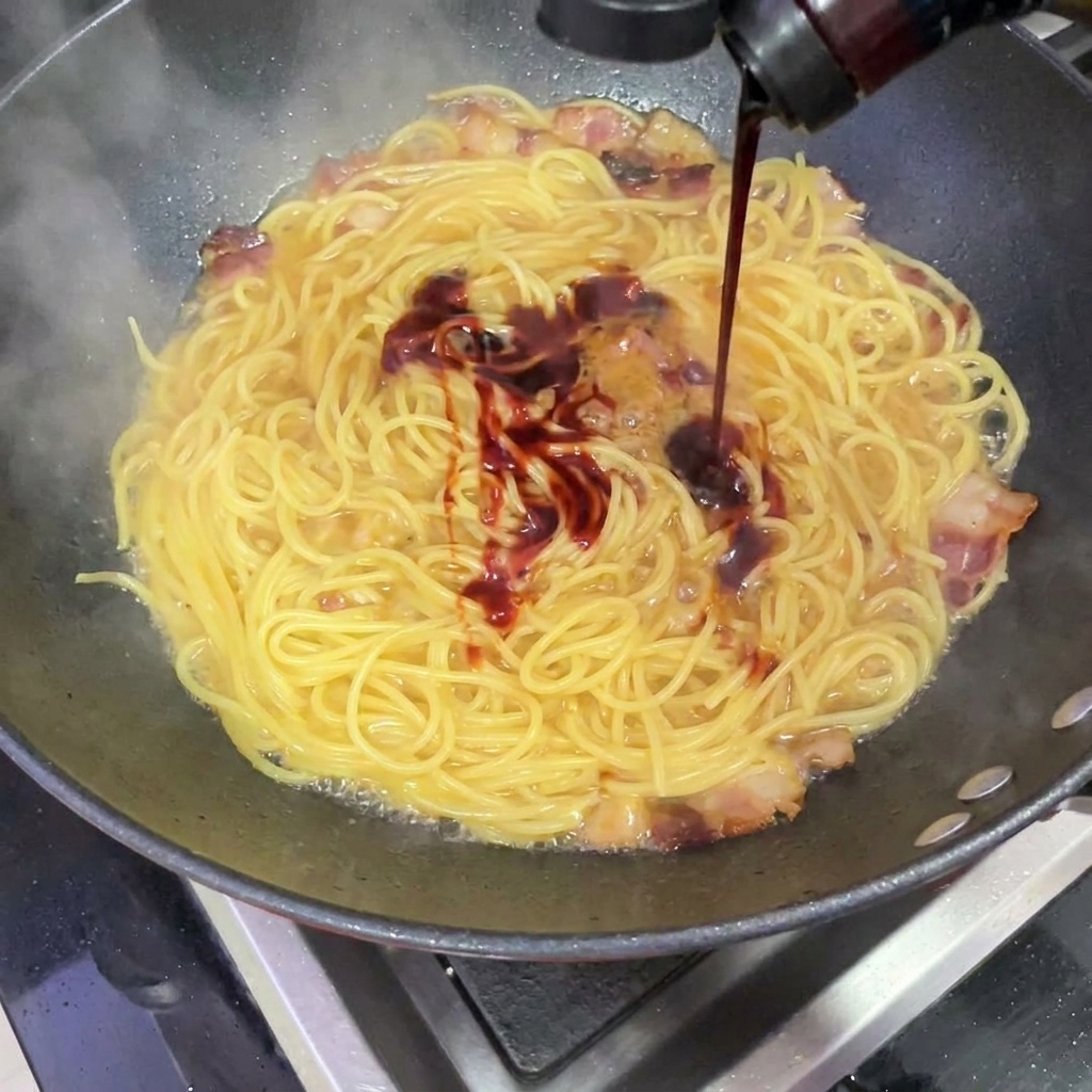 Salsa piccante rosso scuro Buldak versata su spaghetti e bacon che sobbollono in un wok.