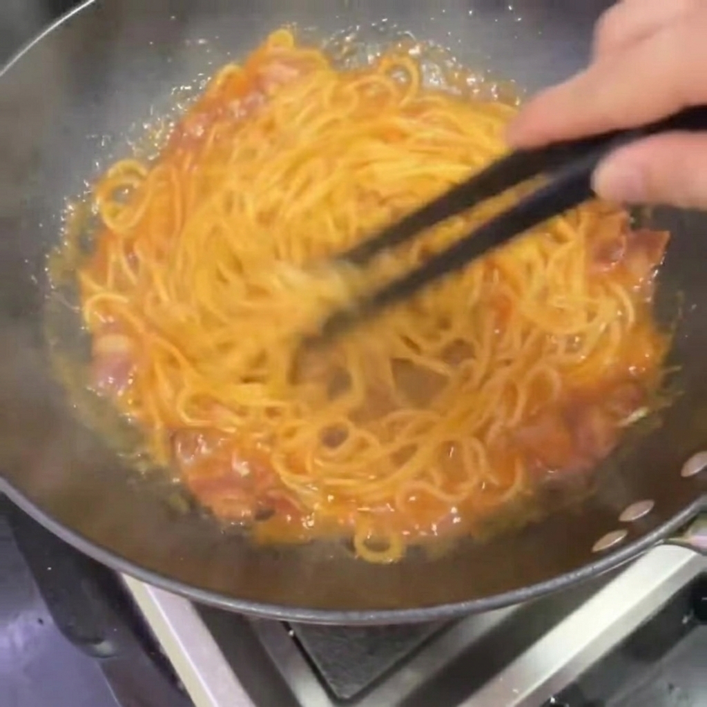 Spaghetti saltati con le bacchette in un wok per ricoprirli di salsa cremosa e piccante.