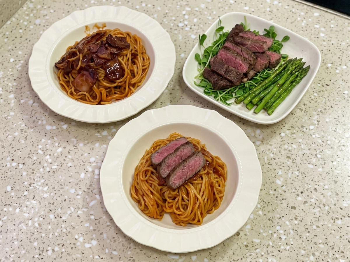 Fette di bistecca tenera e cotta disposte sopra una porzione di spaghetti piccanti.